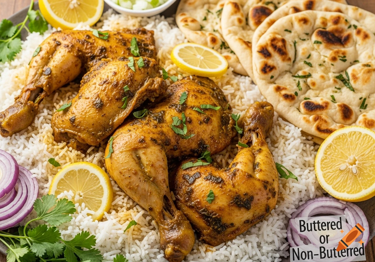 A platter of well-seasoned chicken pieces on white rice, served with naan bread, lemon slices, red onion, and cilantro.