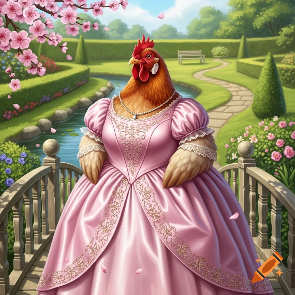 A whimsical hen in a pink silk ballgown, pearl necklace, and earring stands on a bridge in a lush garden with cherry blossoms.