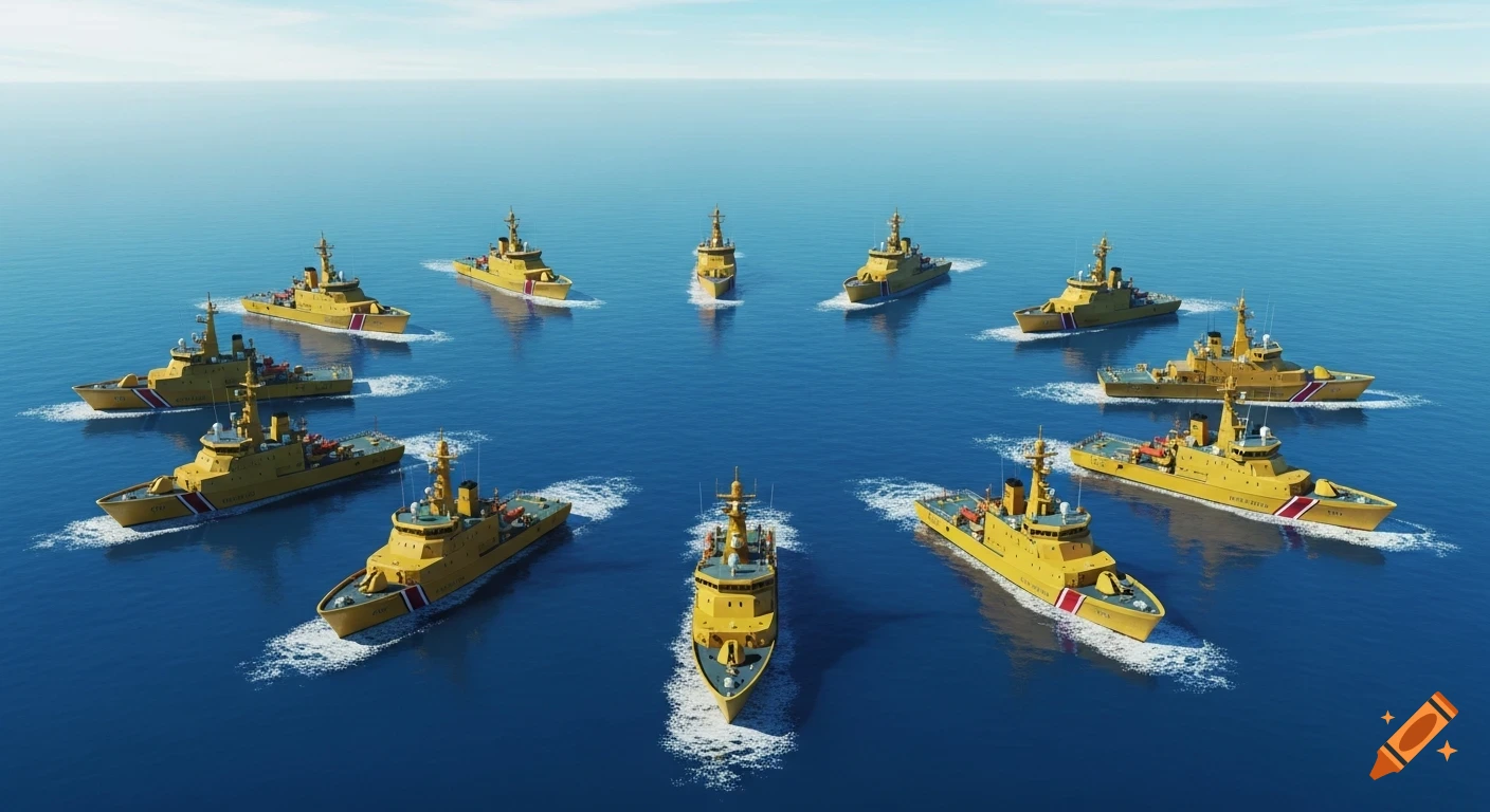 Eleven dark yellow coastguard ships forming a circle on a deep blue ocean under a clear sky, viewed from above. Photorealistic.