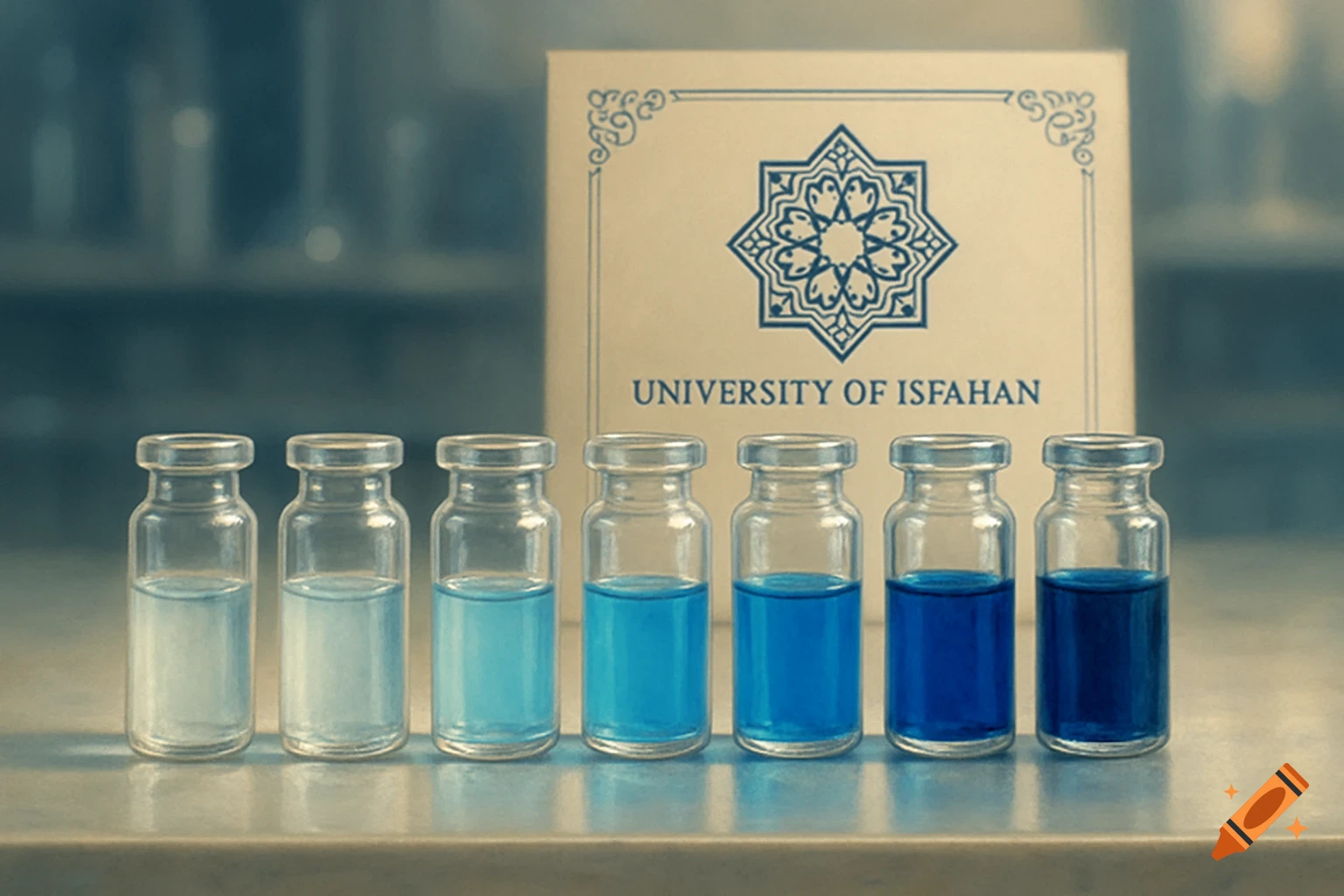 Six glass vials filled with a gradient of blue liquid, from light to dark, with a University of Isfahan logo card in the background.
