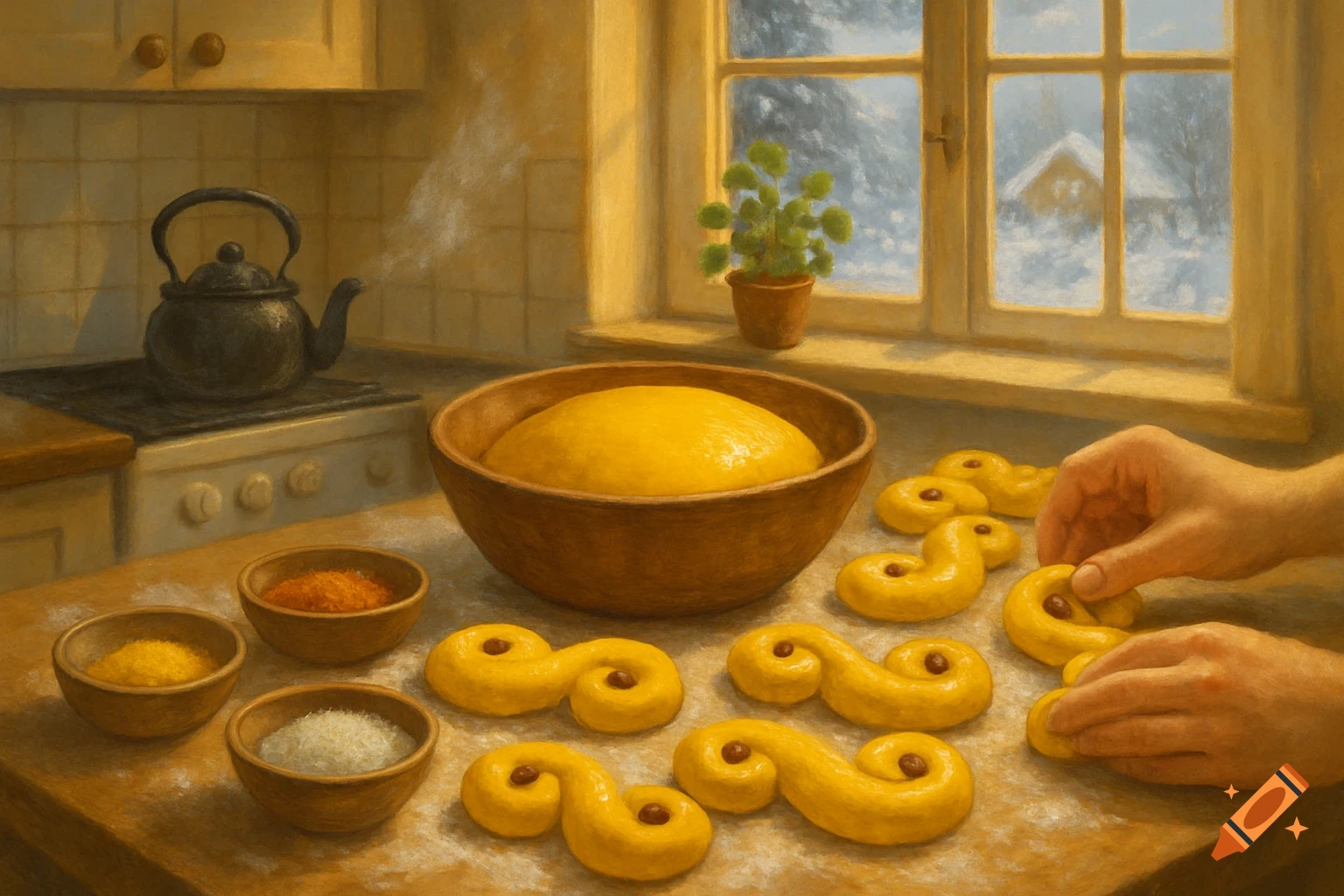 Artistic painting of hands shaping yellow saffron buns on a kitchen counter with rising dough, spices, and a snowy window view.