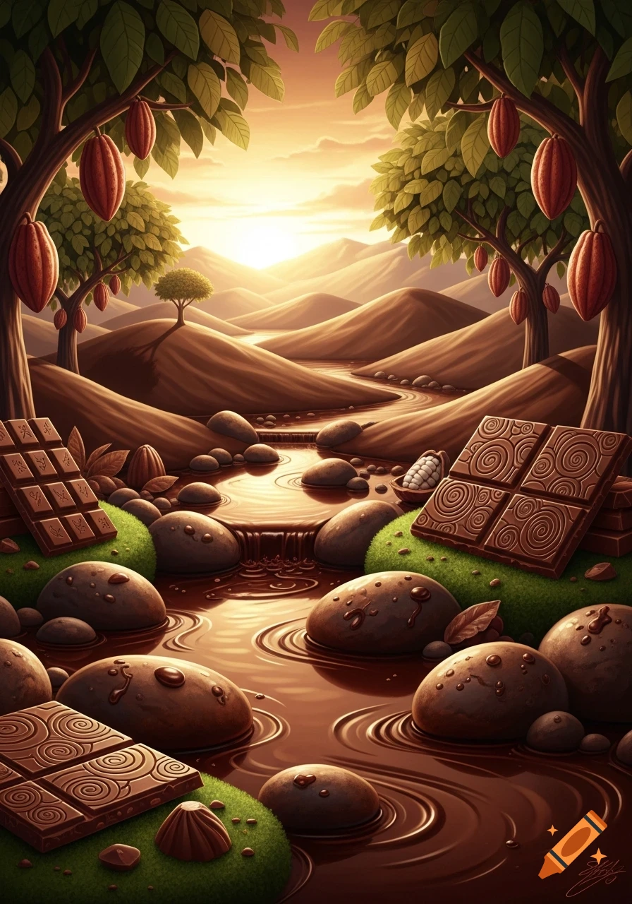 A whimsical chocolate landscape illustration featuring cacao trees, chocolate bars, and a melted chocolate river flowing through cocoa-colored hills at sunset.