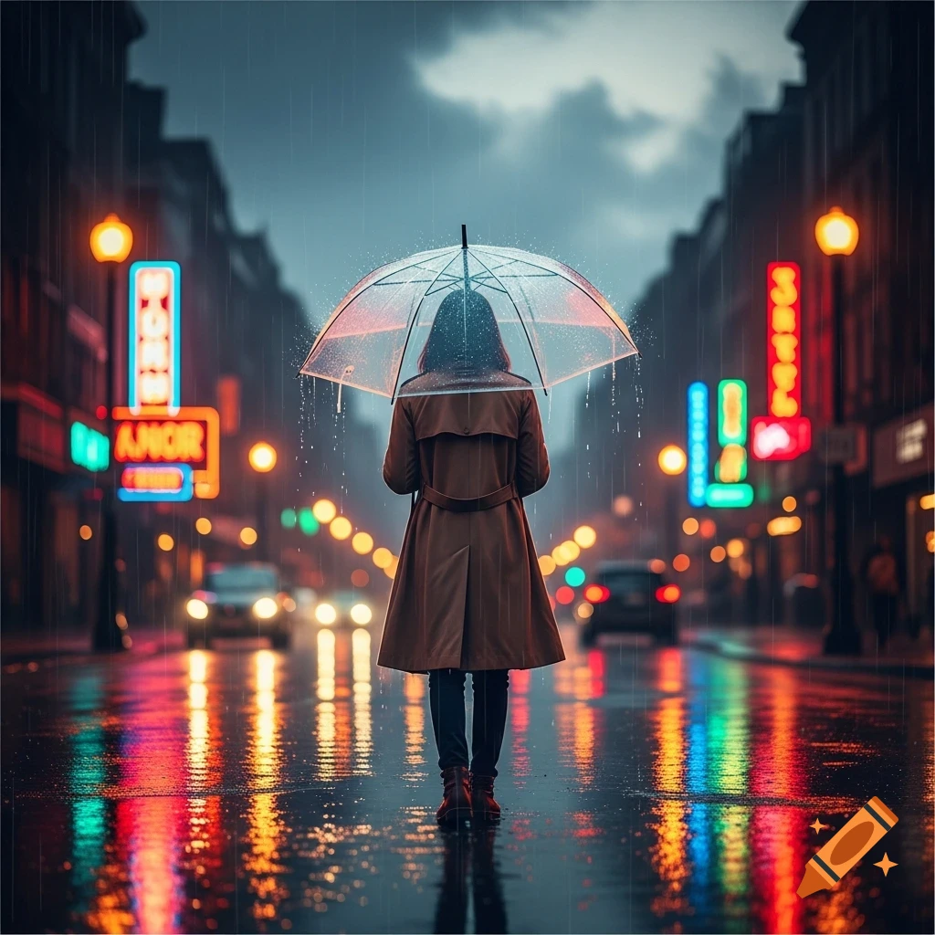 A person in a brown coat walks away from the viewer under a clear umbrella on a rainy city street at night, with colorful neon reflections on the wet pavement.
