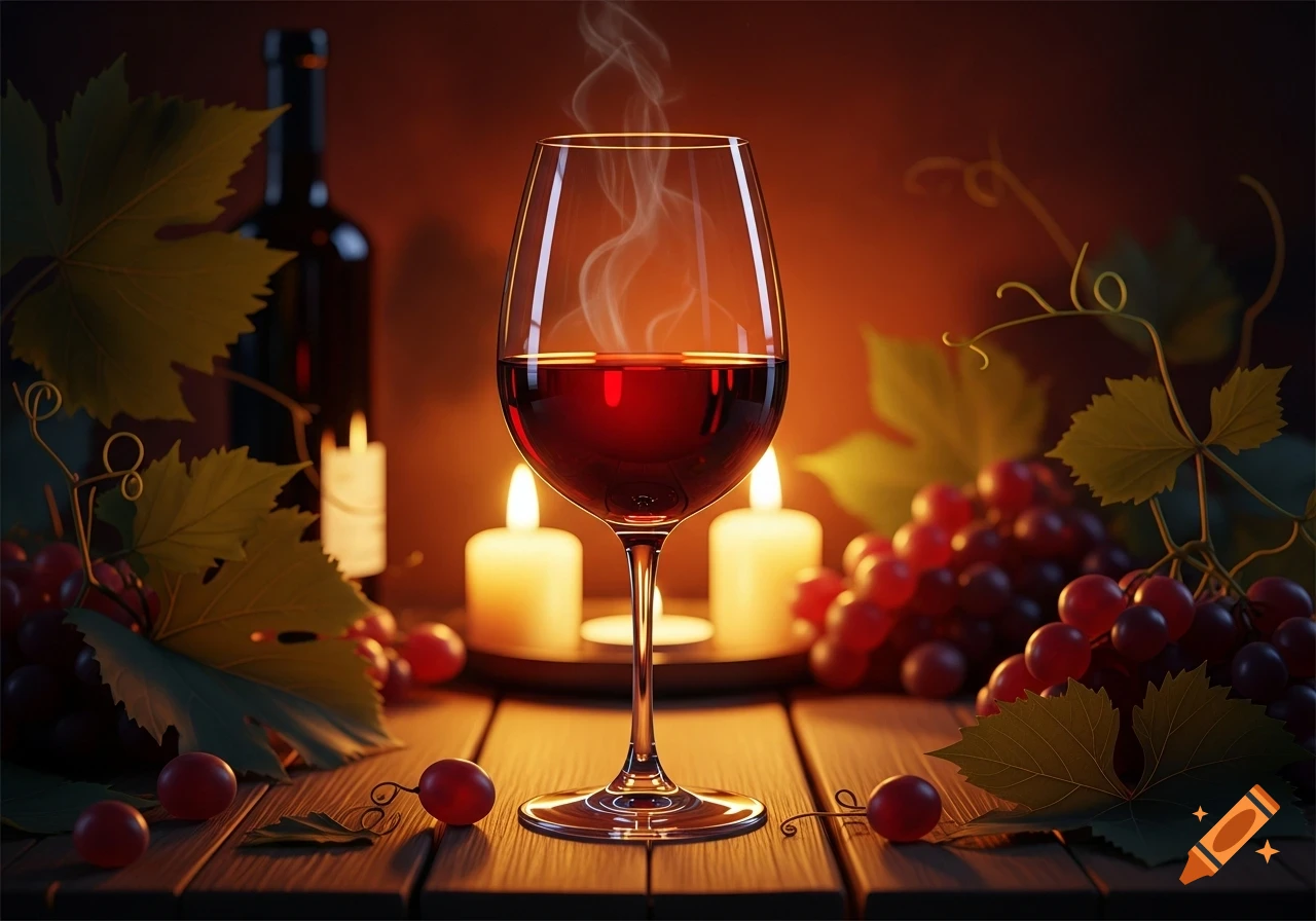 A glass of red wine with smoke, flanked by grapes, leaves, and candles on a wooden table, with a wine bottle in the background.