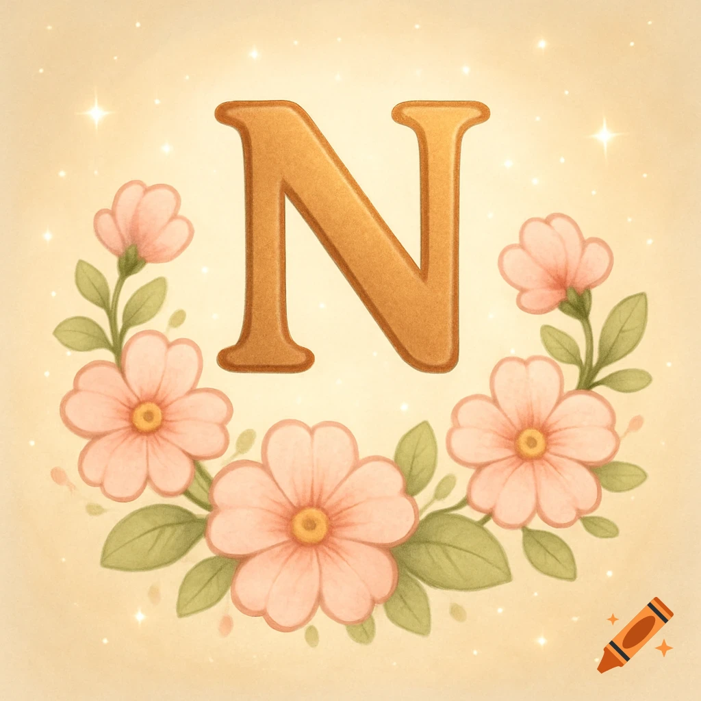 A gold letter N surrounded by a wreath of light pink flowers and green leaves, with sparkling light accents, in a cartoon watercolor style.