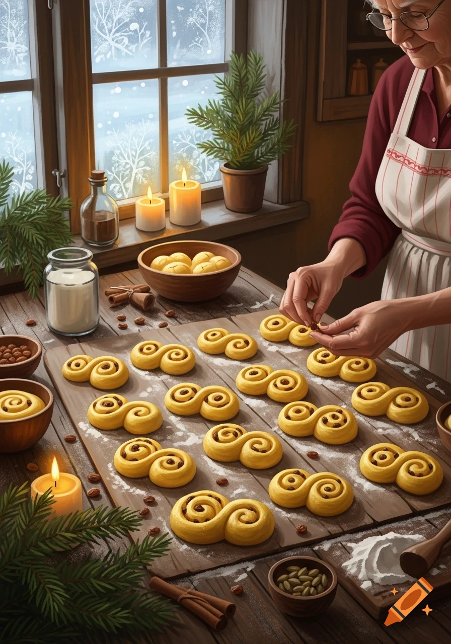 Elderly woman baking saffron buns in a cozy, candlelit kitchen with a snowy window, photorealistic.