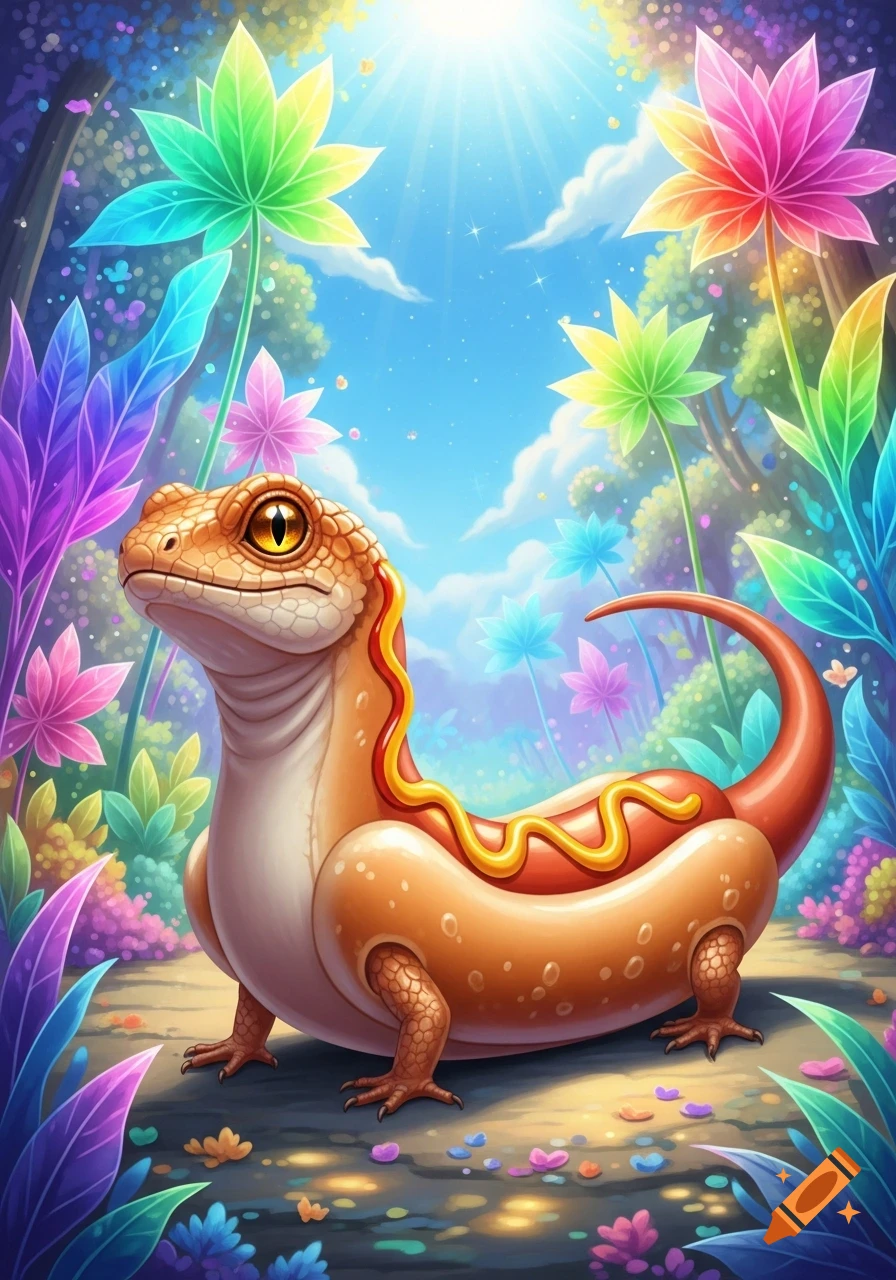 A whimsical hotdog lizard with mustard on its back stands in a vibrant, colorful fantasy forest under a bright sunlit sky. Digital painting.