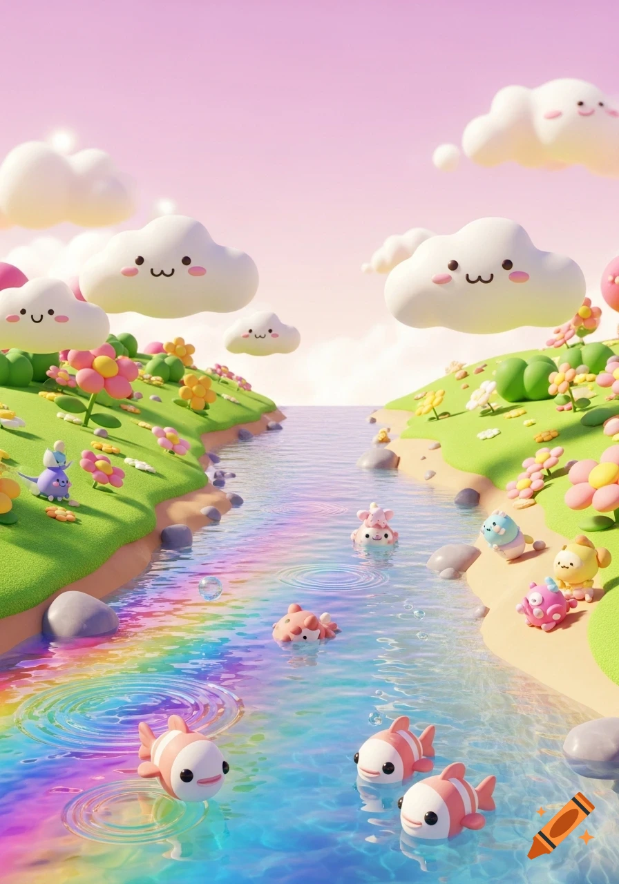 Vibrant 3D kawaii landscape with a rainbow river, smiling clouds, fish, and adorable creatures on grassy banks with flowers.