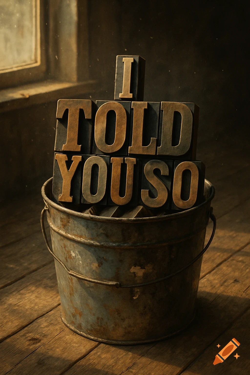 A rusty metal bucket filled with stacked wooden block letters spelling "I TOLD YOU SO" on a wooden floor.
