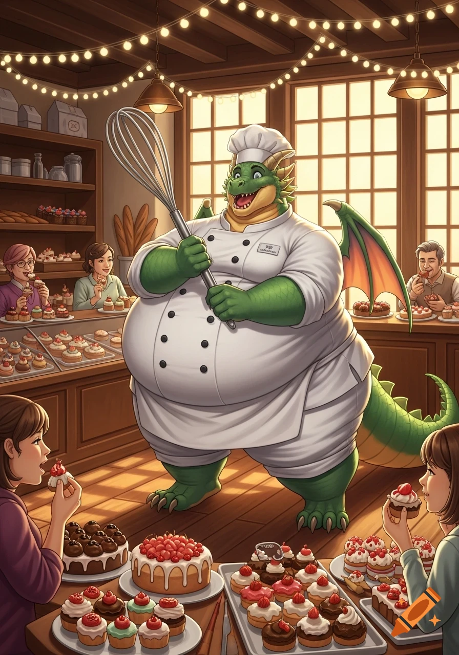 An obese anthropomorphic green dragon chef in a bakery holds a whisk, watching customers enjoy his pastries.