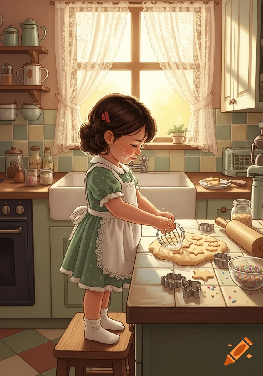 A young girl with dark hair stands on a stool, baking cookies in a cozy, sunlit kitchen, sifting flour onto star-shaped dough.