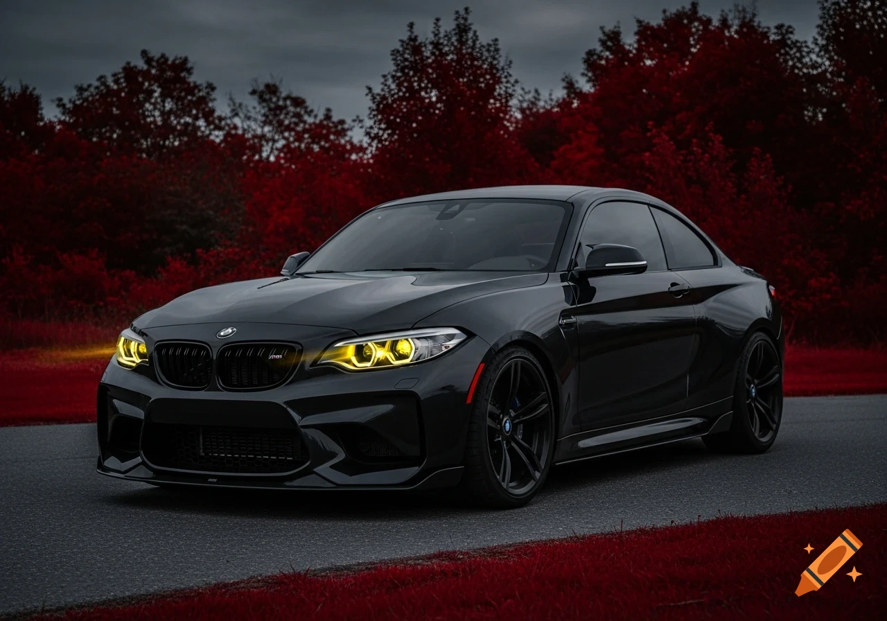 A matte black BMW M2 sports car with glowing yellow headlights parked on a dark road, surrounded by deep red foliage.