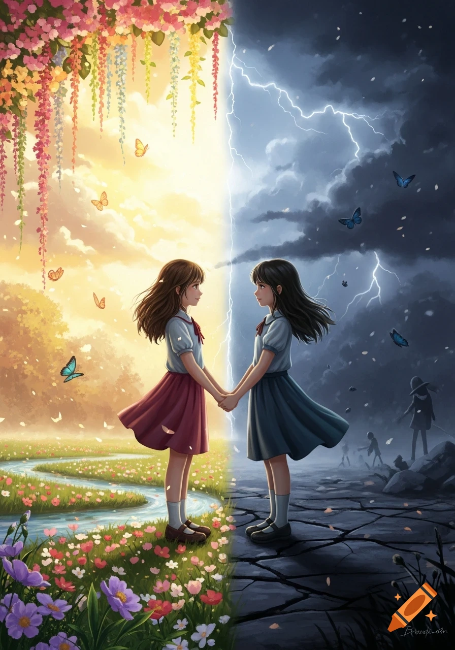 Two young girls holding hands in a split digital painting, one side vibrant and sunny with flowers, the other dark and stormy with lightning.
