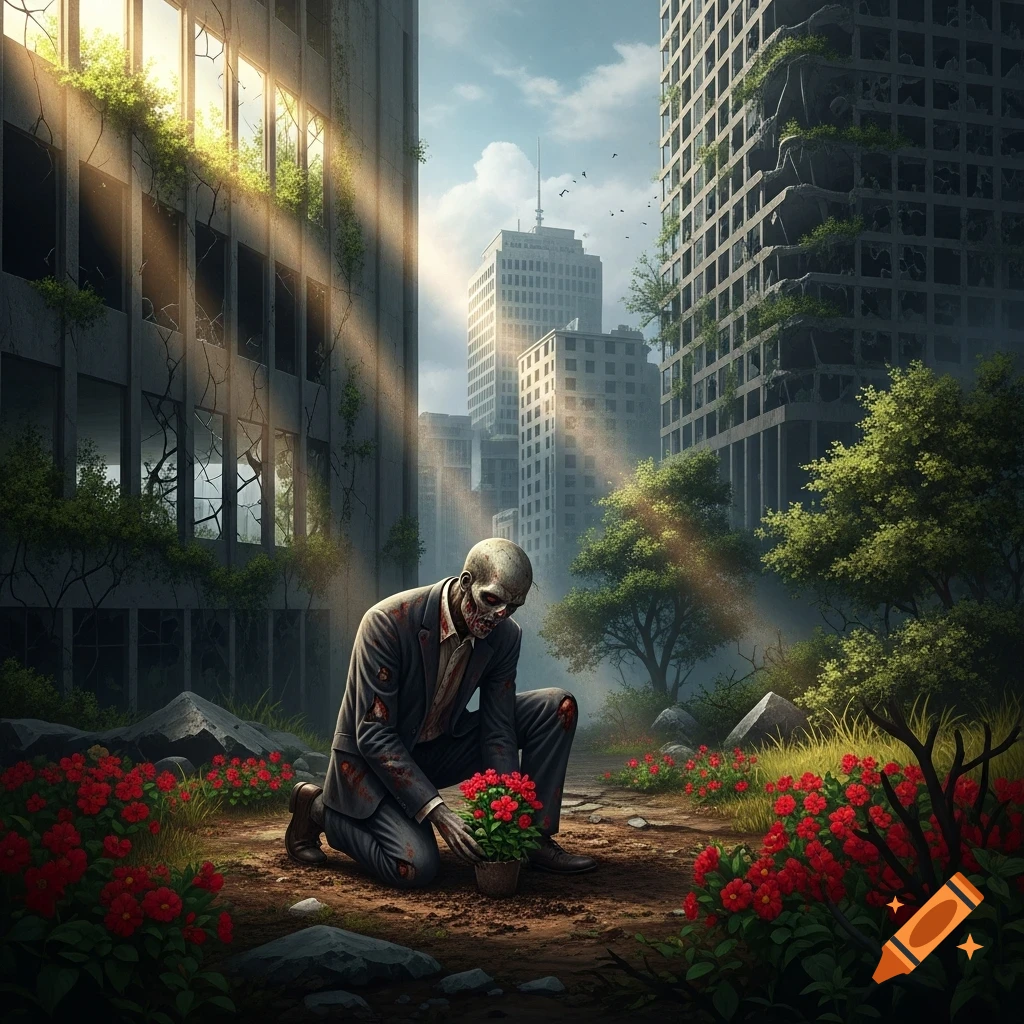 A stylized zombie in a suit kneels on dirt in a ruined city street, planting a pot of red flowers amidst overgrown buildings and trees with bright sunbeams.
