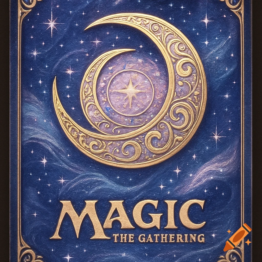 A dark blue card back features a large ornate golden crescent moon and a star against a starry sky. Gold text reads 'MAGIC THE GATHERING'.