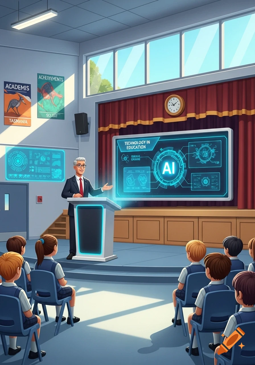 A school principal in a suit speaks at a podium in an assembly, demonstrating AI on a large glowing screen to students in uniform.