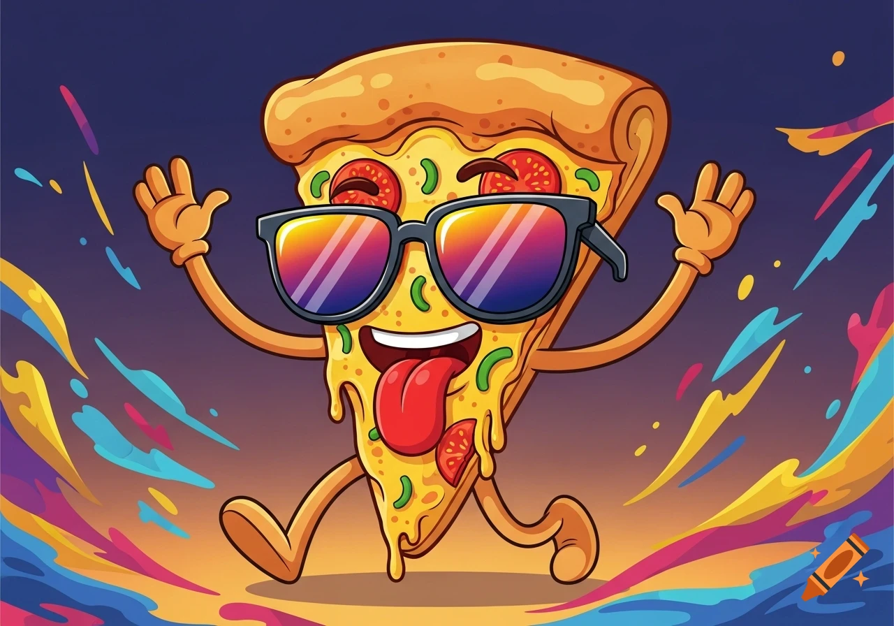 Vibrant cartoon pizza slice wearing rainbow sunglasses, sticking out its tongue, waving its arms and legs against a colorful abstract background.