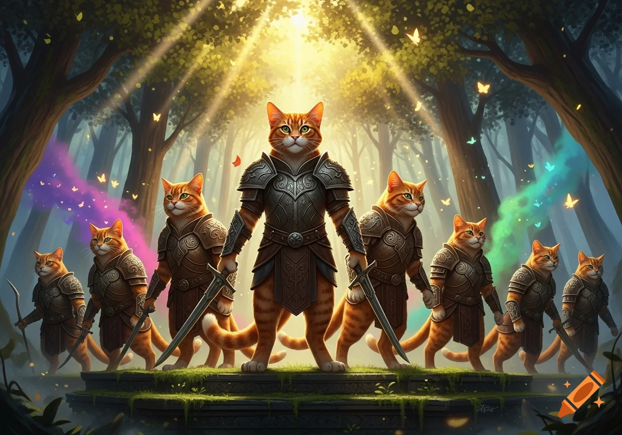 A line of orange cat warriors in ornate armor, holding swords, stand on a mossy platform in a sunlit fantasy forest with colorful butterflies.