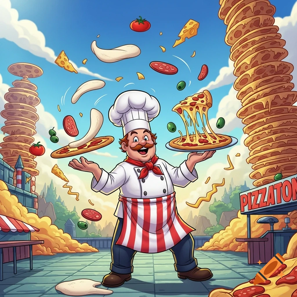 A happy cartoon chef in a chef's hat and apron juggles pizza ingredients, surrounded by tall stacks of pizzas under a blue sky.