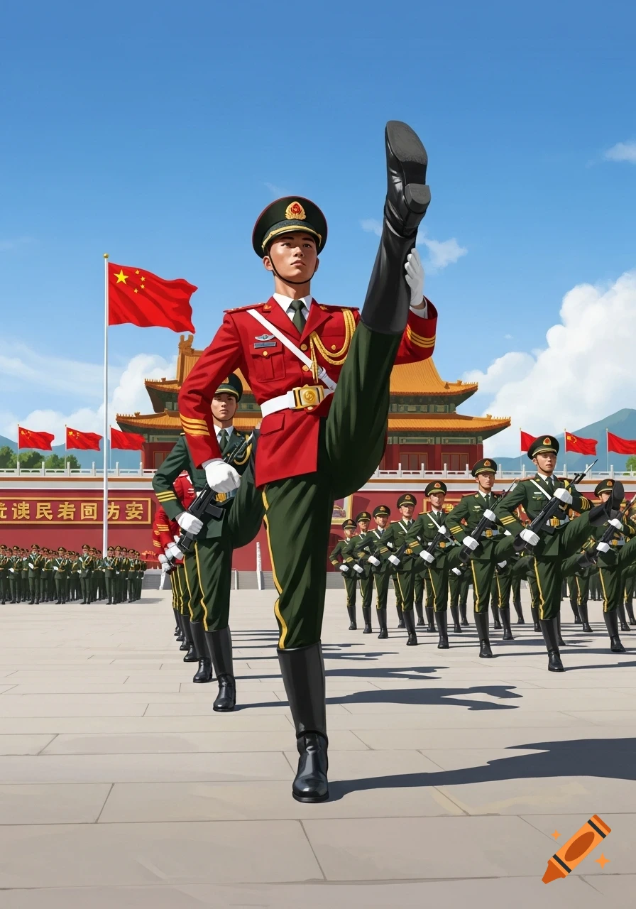 Chinese soldiers in red and green uniforms perform a goose-step march during a parade in front of a traditional building and red flags.