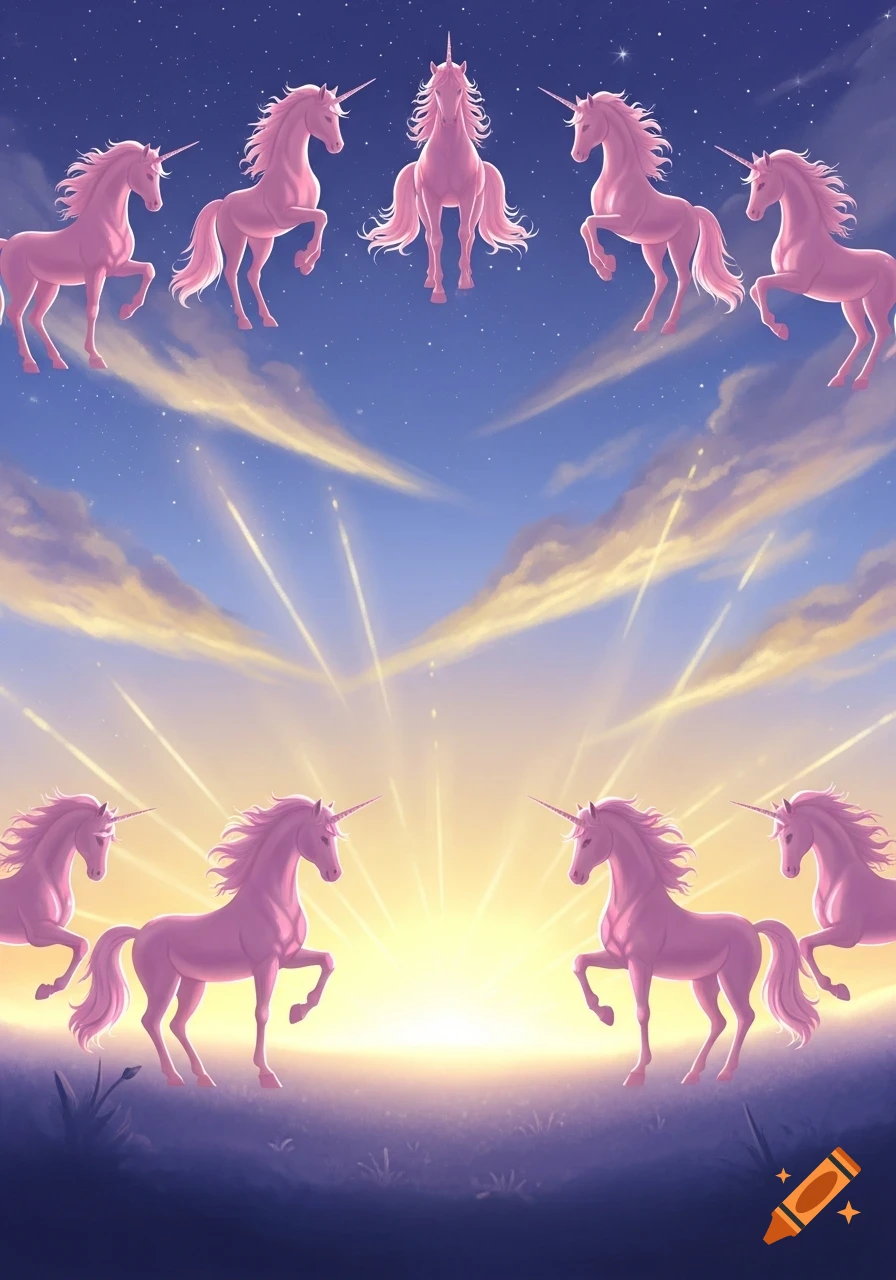 Pink unicorns flying and standing against a vibrant sky with clouds and a rising sun in a whimsical, illustrative style.