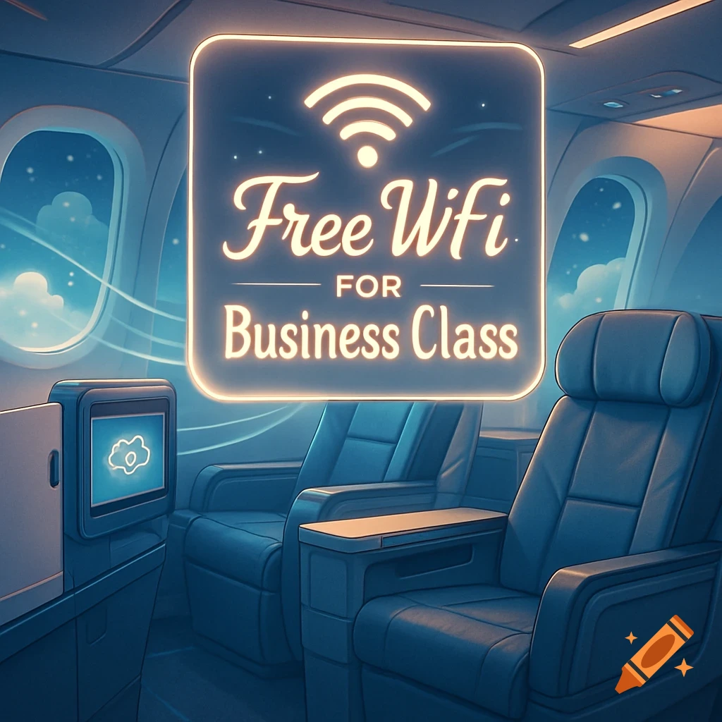 A glowing sign inside an airplane cabin offers free WiFi for business class passengers.