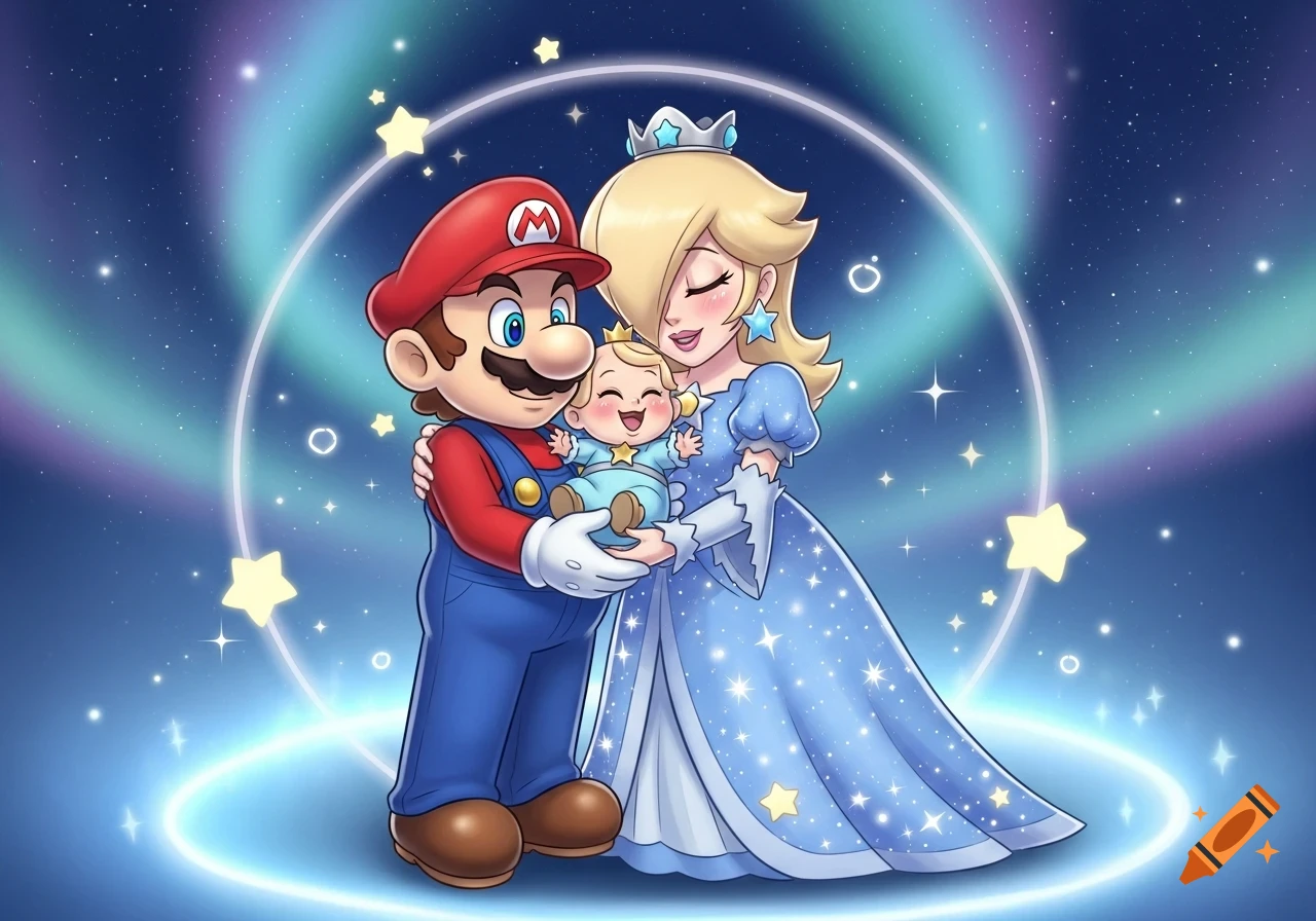 Mario and Rosalina embrace a baby, surrounded by glowing stars and an aurora in a cartoon style.