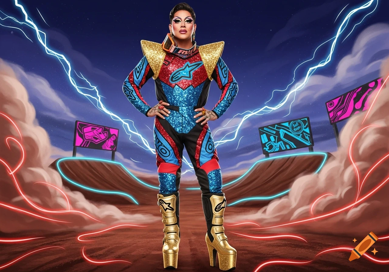 A drag queen in a glittery blue, red, and gold motocross suit with platform boots stands in a stylized desert landscape with lightning and neon signs.