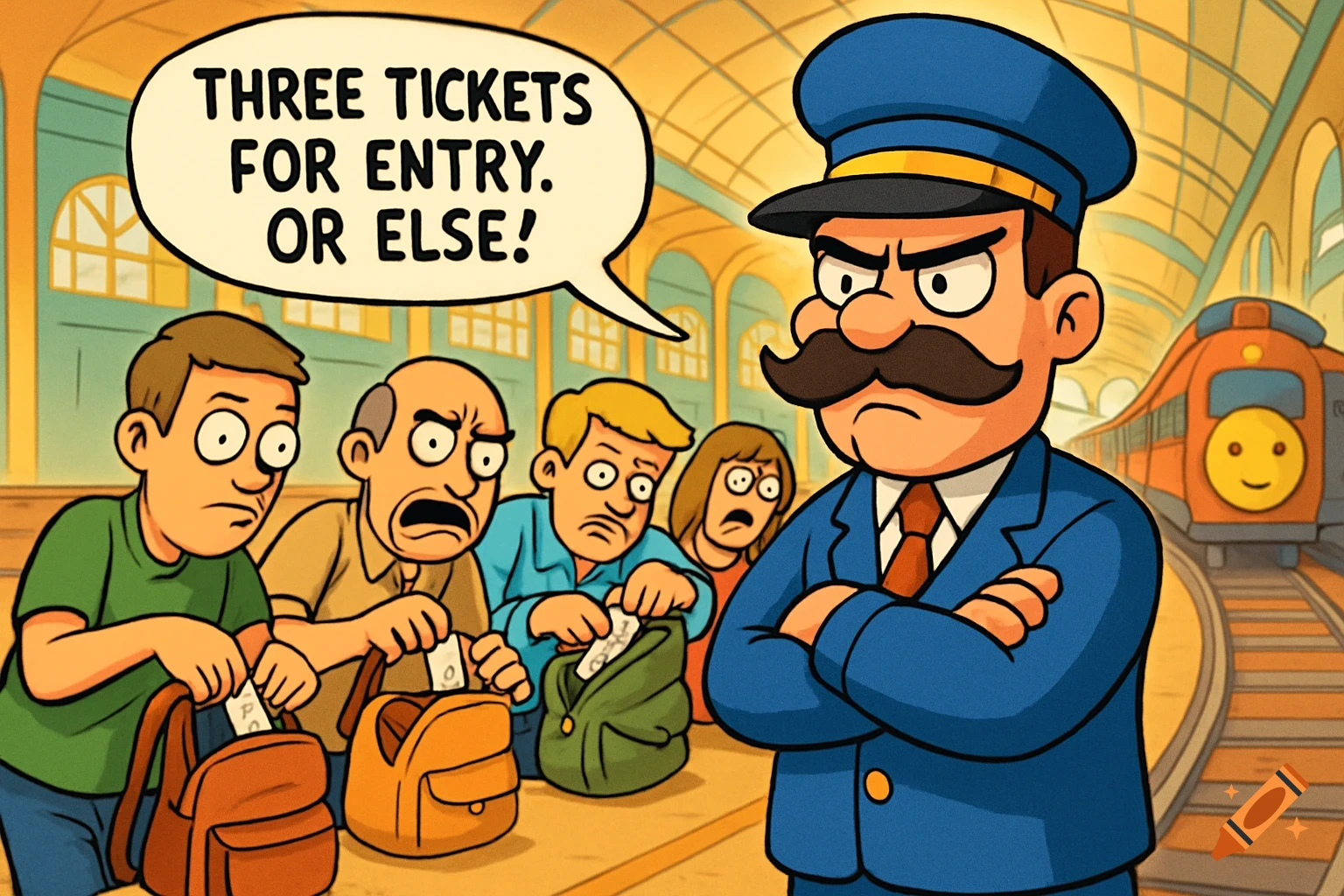 A stern cartoon train conductor demands "THREE TICKETS FOR ENTRY. OR ELSE!" from anxious passengers at a train station.