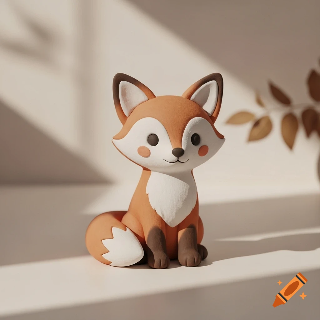 A cute, stylized clay fox figurine with orange and white fur, sitting on a light surface with soft shadows.