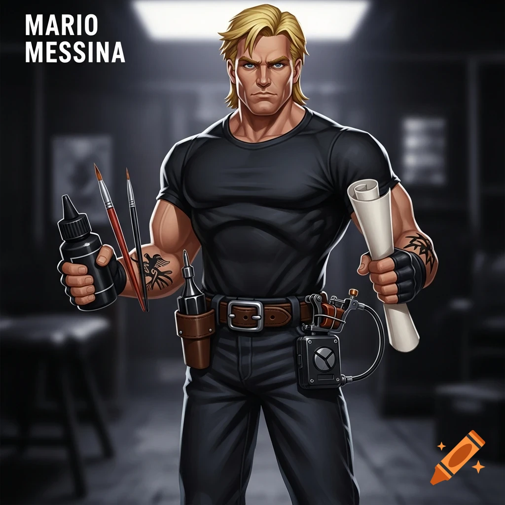 Muscular blonde tattoo artist Mario Messina in 90s action figure style, holding tattoo ink, brushes, and a machine.