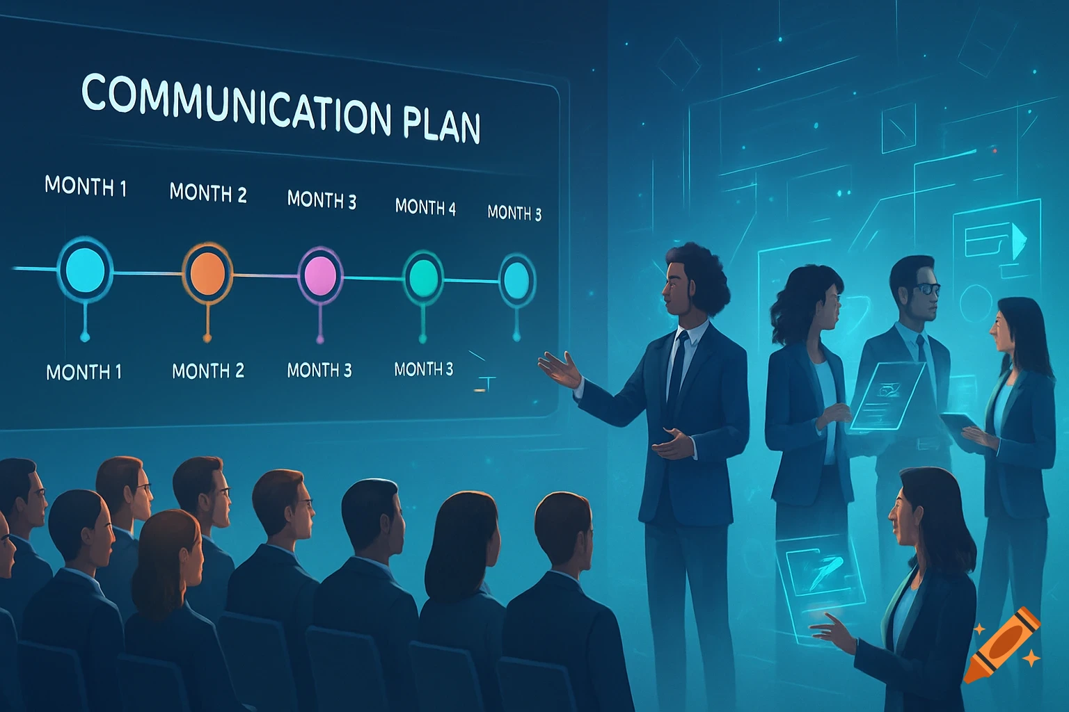 A stylized business presentation with a diverse group of professionals looking at a large screen displaying a 'COMMUNICATION PLAN' timeline.