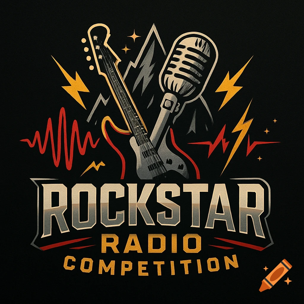 A logo for 'ROCKSTAR RADIO COMPETITION' featuring a guitar and microphone with lightning bolts and mountains on a dark background.