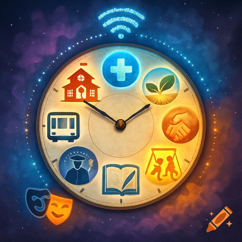 An illuminated clock face depicting icons of public services like housing, healthcare, education, transport, and community against a starry cosmic background.