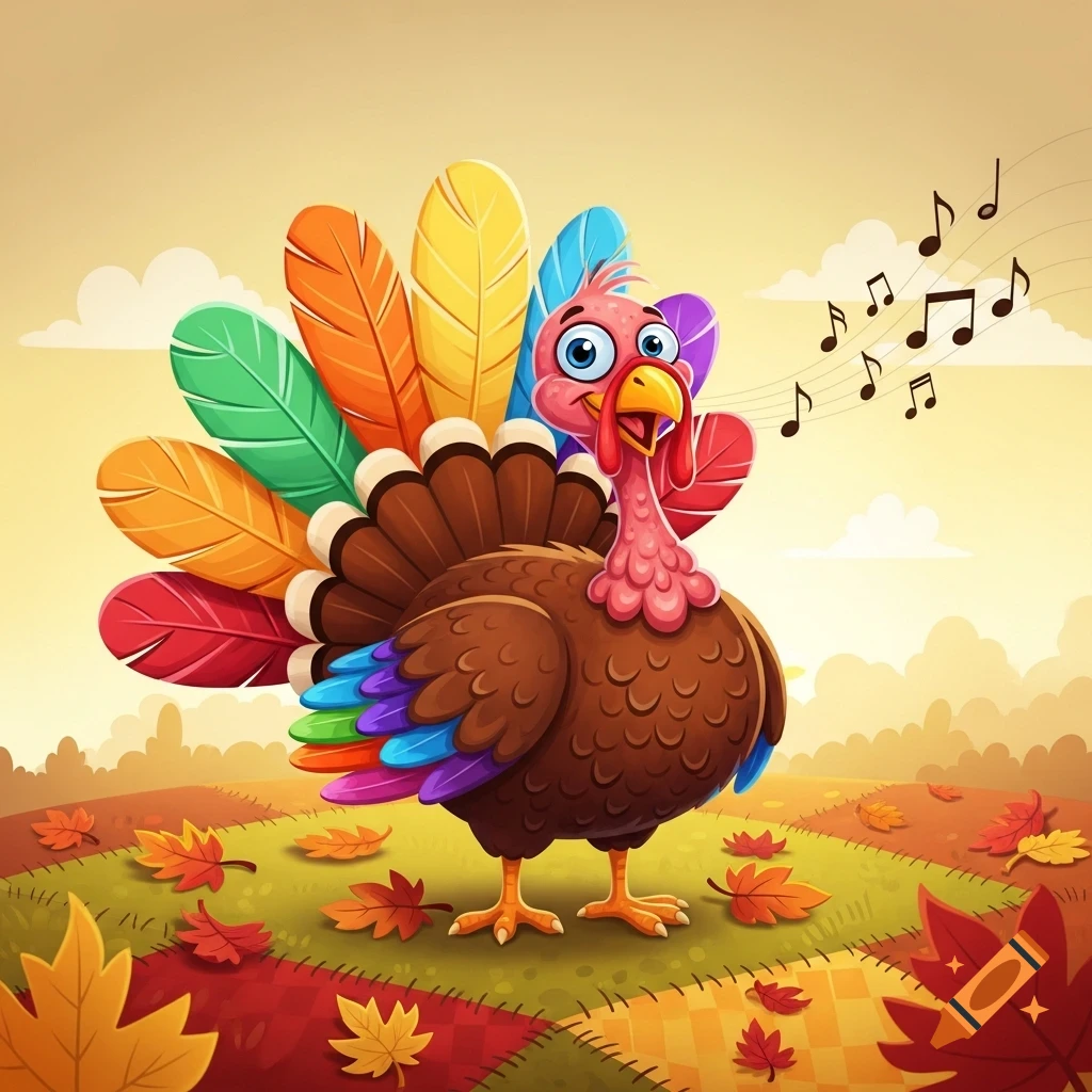 A happy cartoon turkey with colorful feathers sings musical notes in an autumn field with fall leaves.