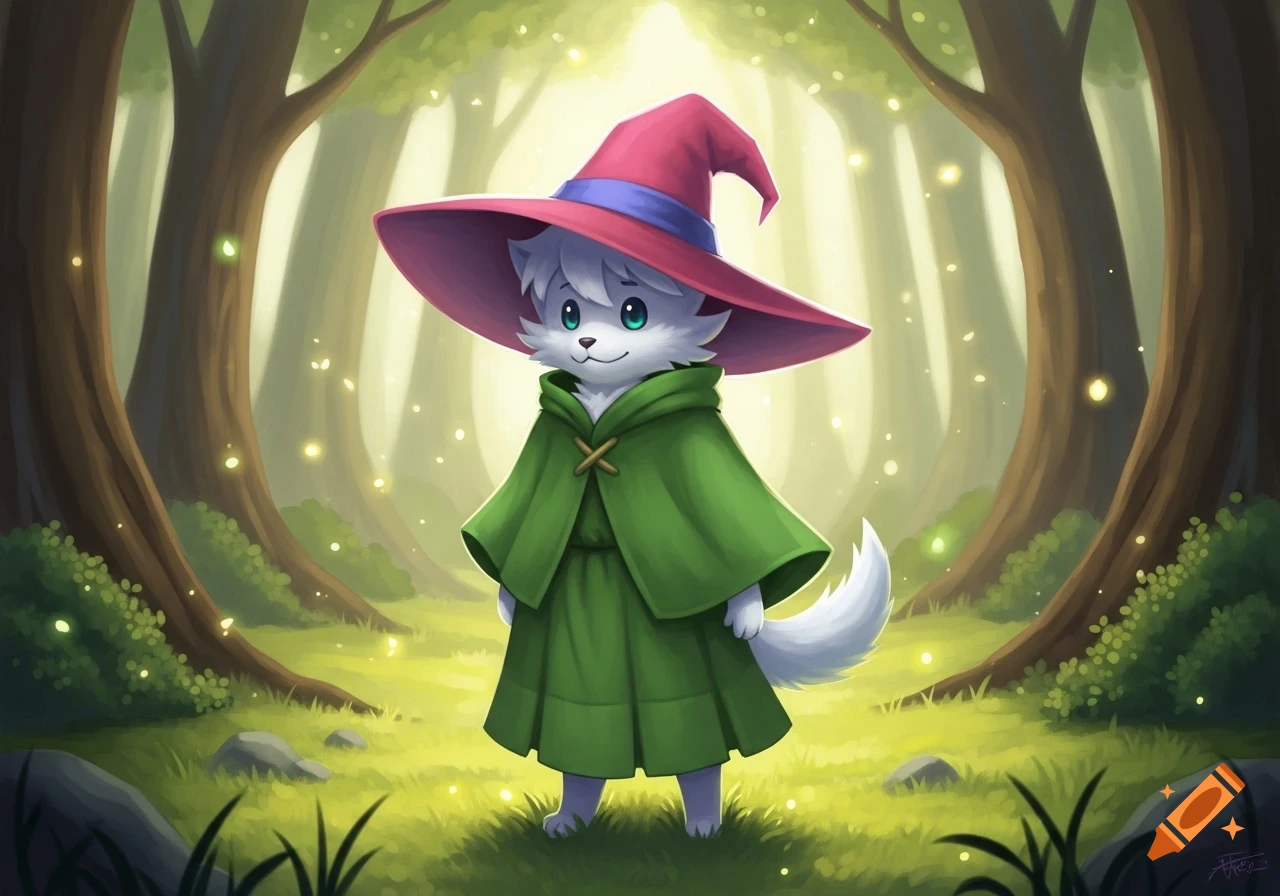 A cute white furry creature wearing a large red and blue wizard hat and a green cloak stands in a magical forest.