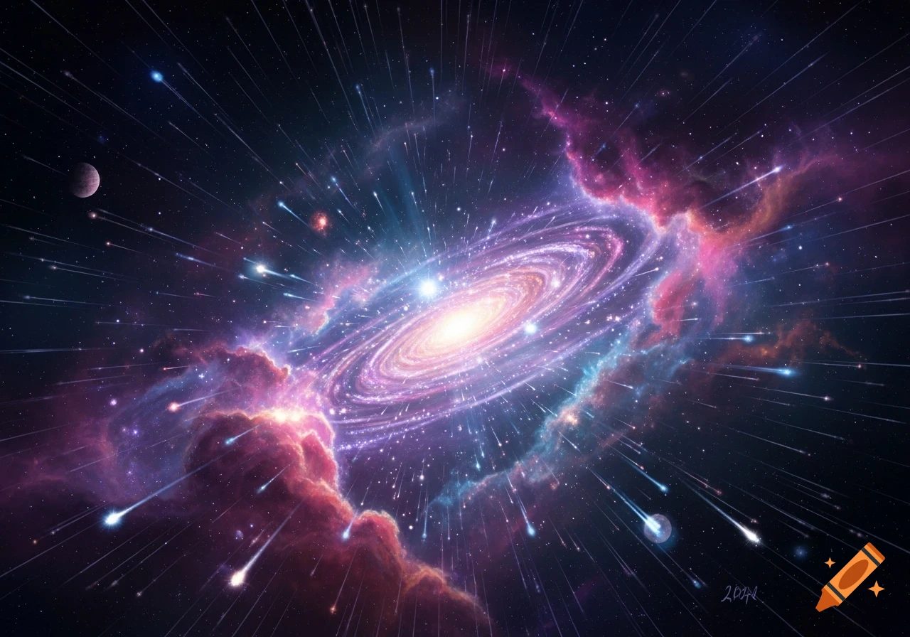 A vibrant, swirling galaxy with bright stars, colorful nebulae, and streaks of light, with a moon in the upper left.