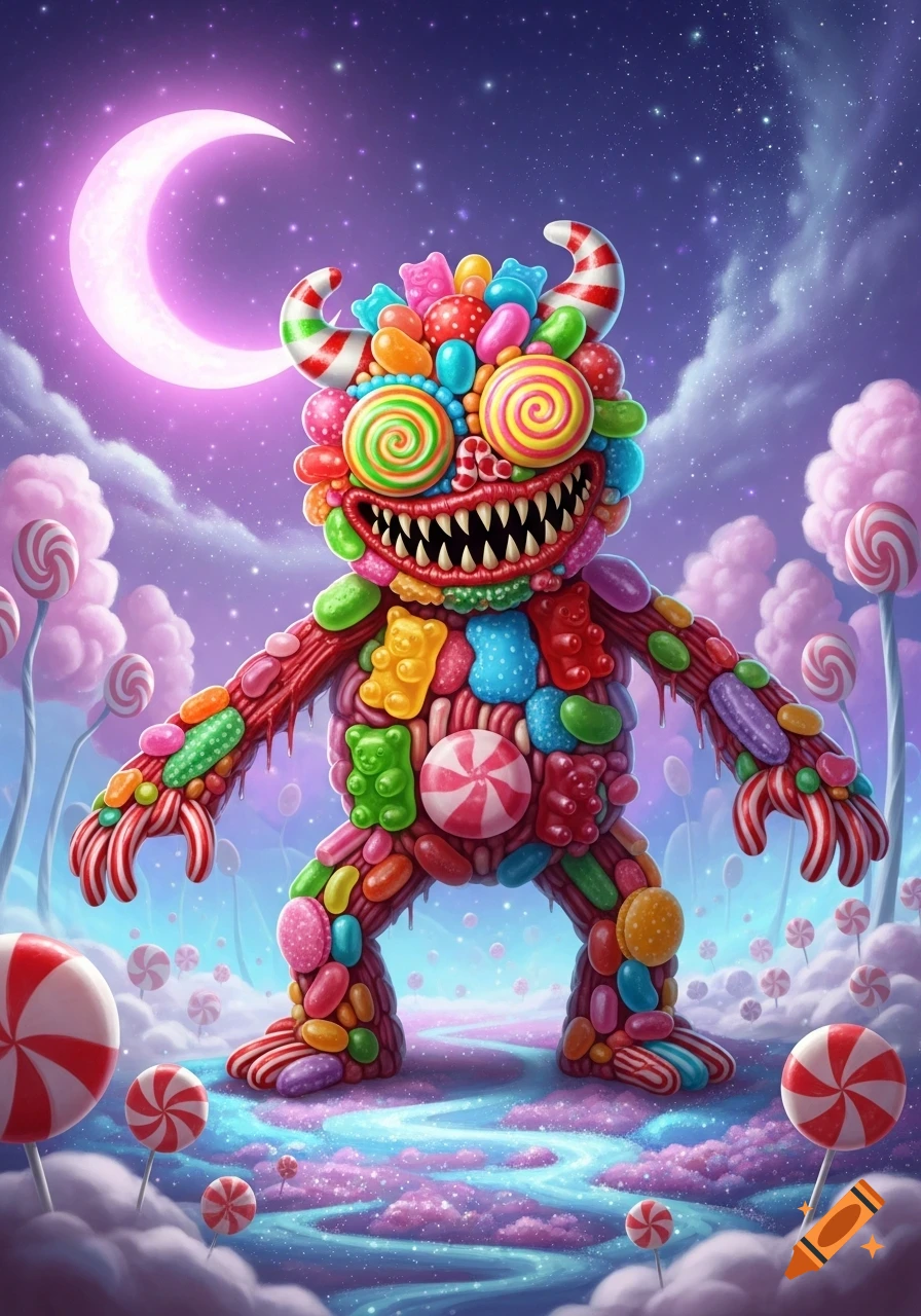 A vibrant candy monster with sharp teeth and spiral lollipop eyes stands in a whimsical candy land under a starry night sky with a pink crescent moon.