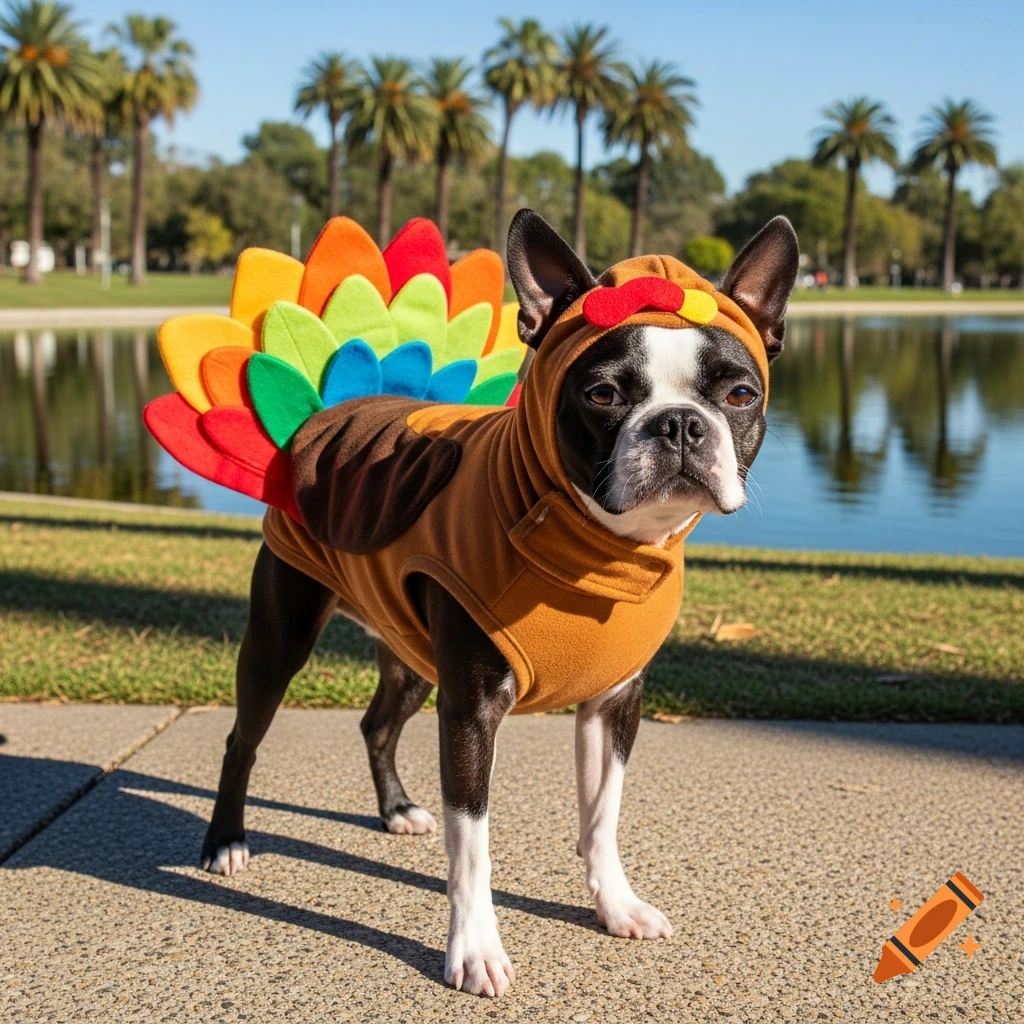 A black and white Boston Terrier wears a colorful turkey costume outdoors by a lake with palm trees on a sunny day.