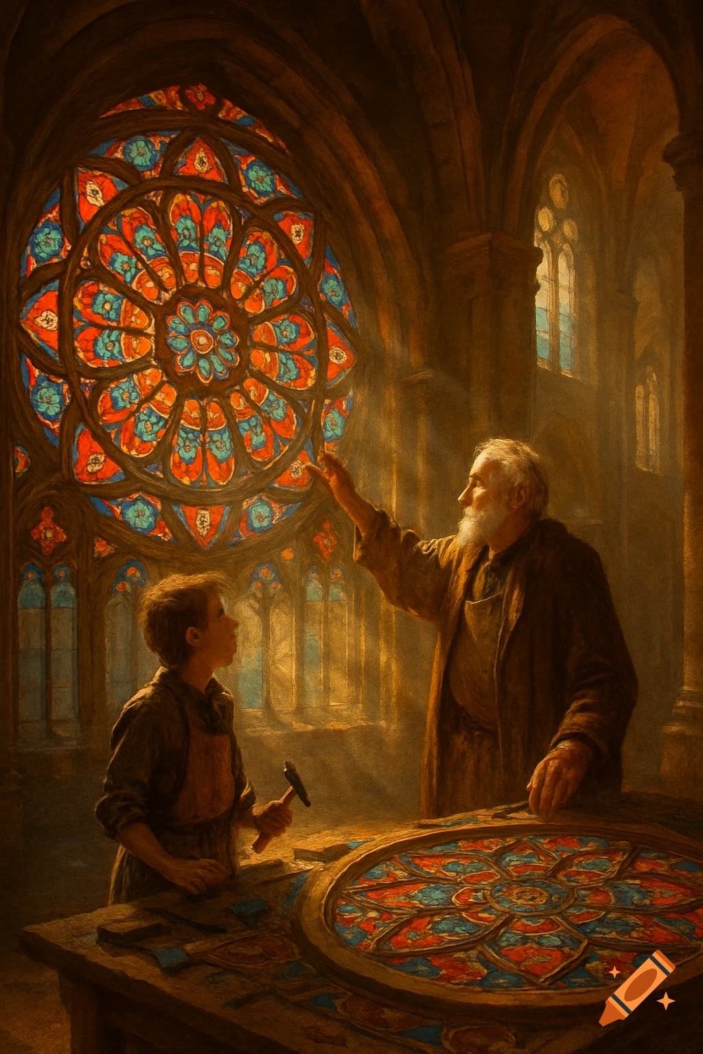 An old master and young apprentice work on a large, intricate stained glass rose window in a sunlit church, painted in a classical style.