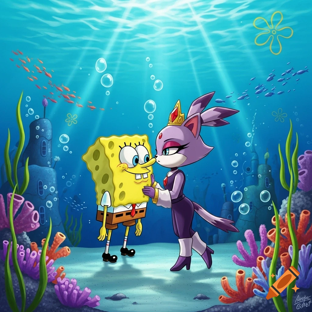 Cartoon SpongeBob SquarePants and Blaze the Cat leaning in for a kiss in a vibrant underwater scene.