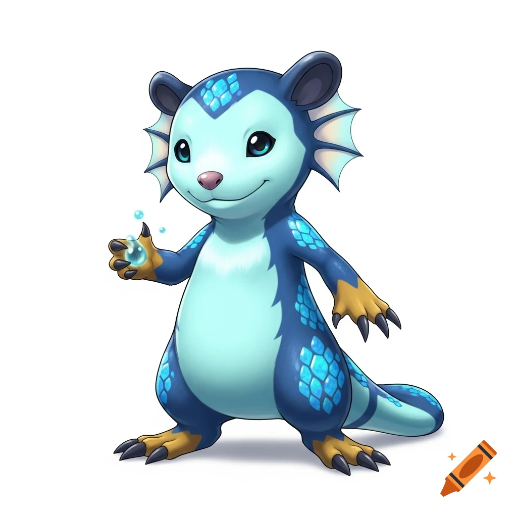 A cute, blue and light blue water opossum-like creature with scales and fins, holding a glowing blue orb, on a white background.