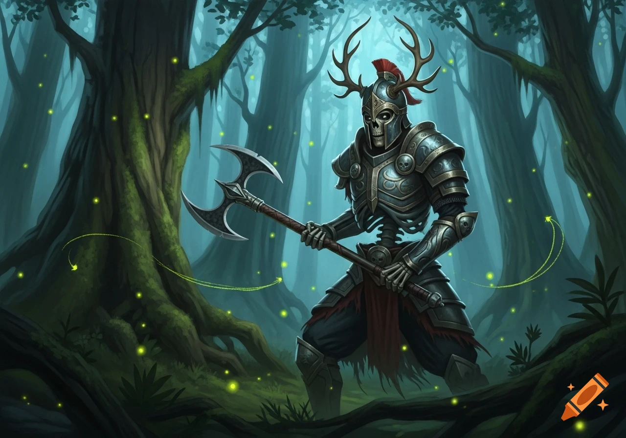 An armored skeleton with antlered helmet holds a double-bladed axe in a mystical forest glowing with fireflies, in a fantasy art style.