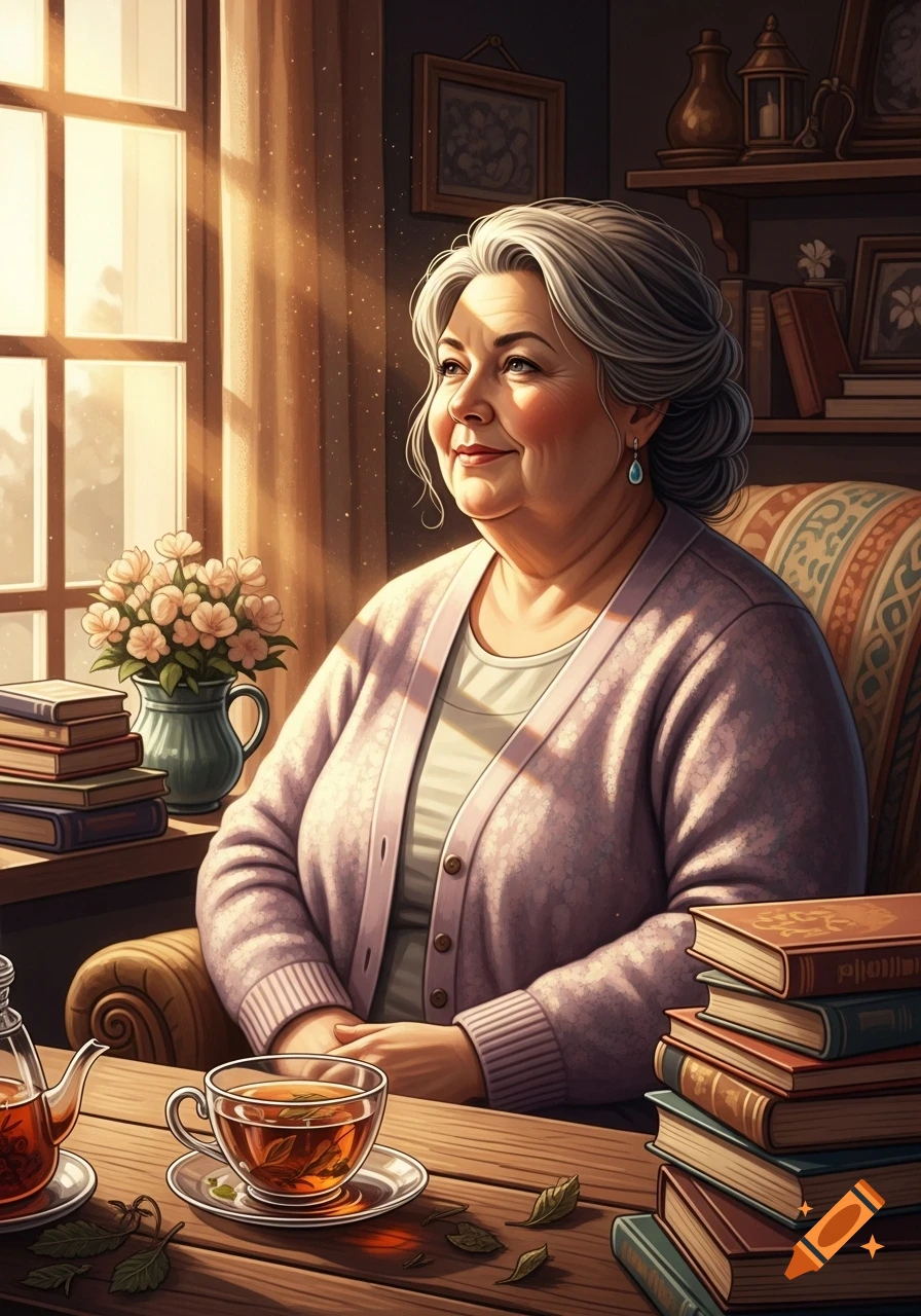 A smiling older woman with gray hair sits by a sunlit window with a cup of tea and books in a digital art style.