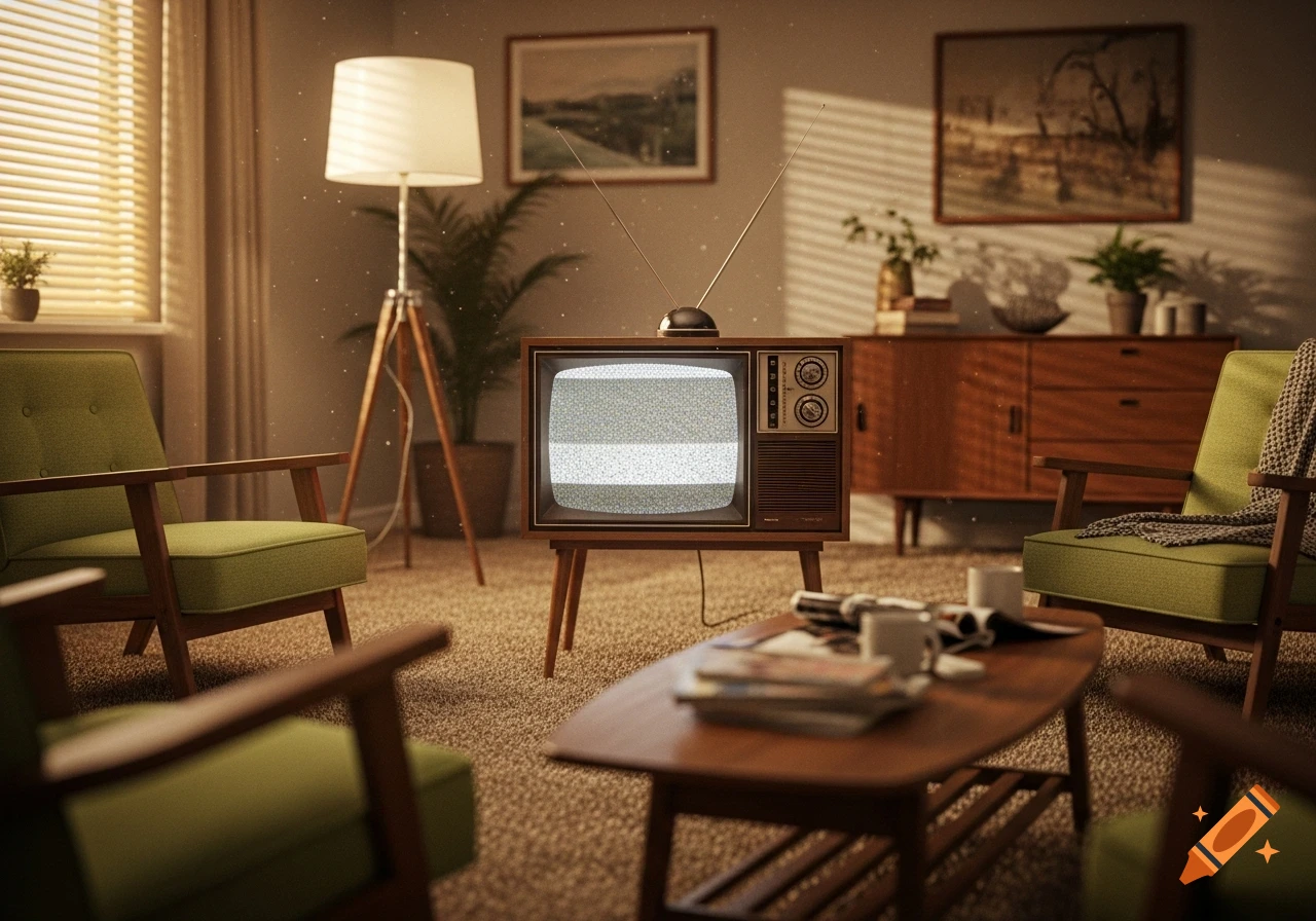 A retro living room with a vintage television showing static, green armchairs, a floor lamp, and a coffee table.