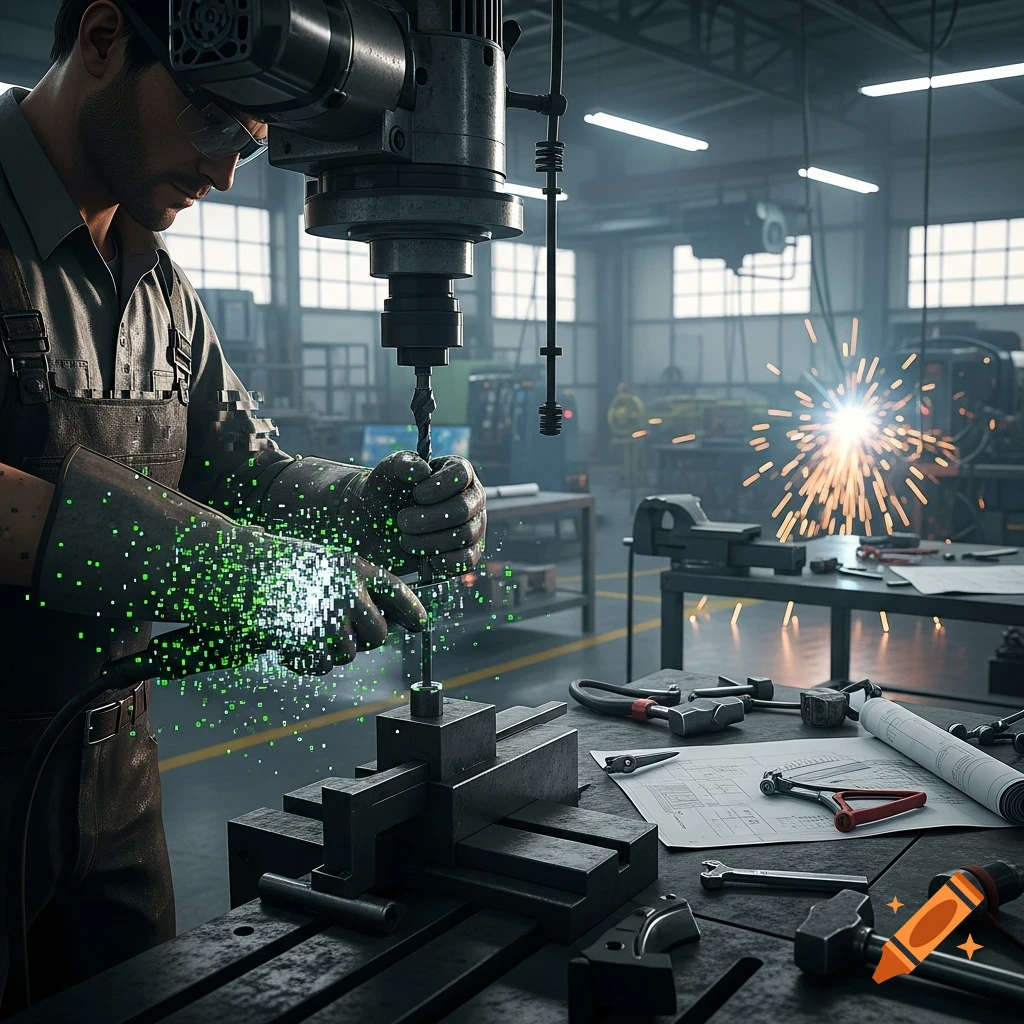 A worker operates a drill machine in an industrial workshop, with a futuristic, glitching effect on his gloved hand.