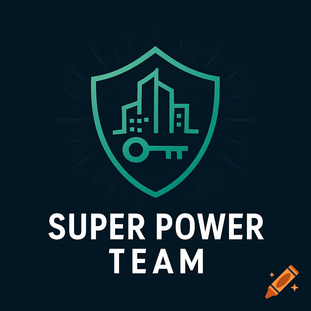 Green outline shield logo featuring city buildings and a key, with the text 'SUPER POWER TEAM' below on a dark background.