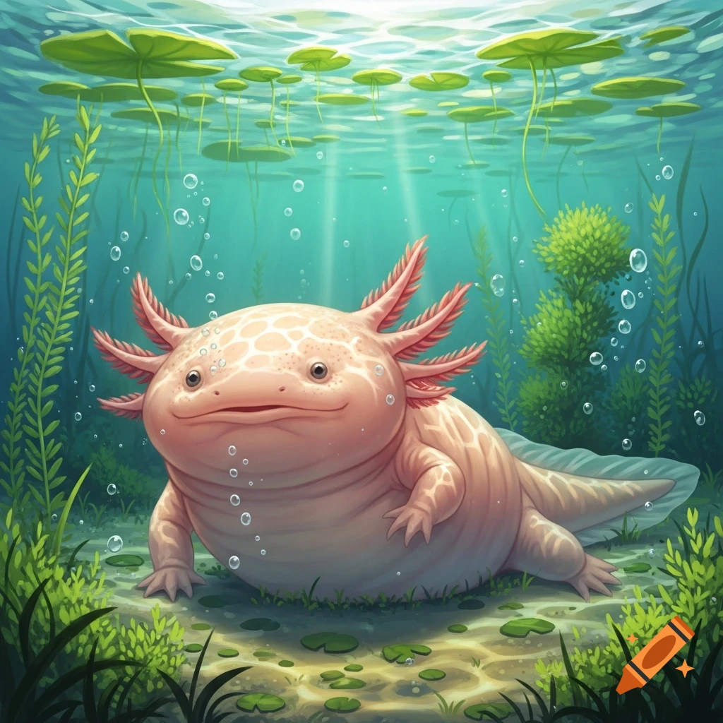 A fat, smiling pink axolotl with feathery gills sits on the sandy bottom of a clear underwater scene with lily pads and plants.