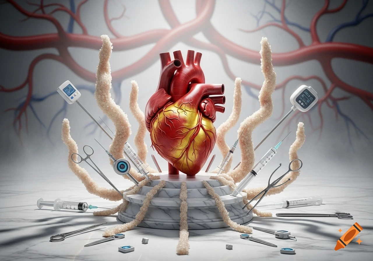 A stylized human heart, half red and half gold, on a marble pedestal surrounded by medical instruments and white textured tendrils, with blurred blood vessels in the background.