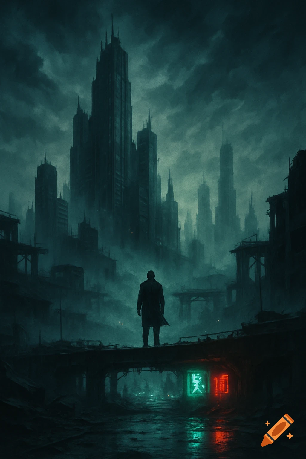 A lone figure stands on a bridge overlooking a vast, dark, and foggy dystopian city with towering buildings and neon signs.